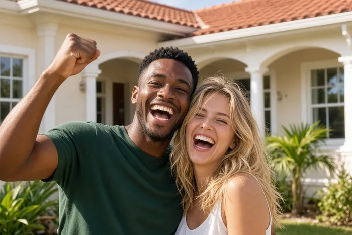 Happy couple cheering outside their home after a fast cash offer