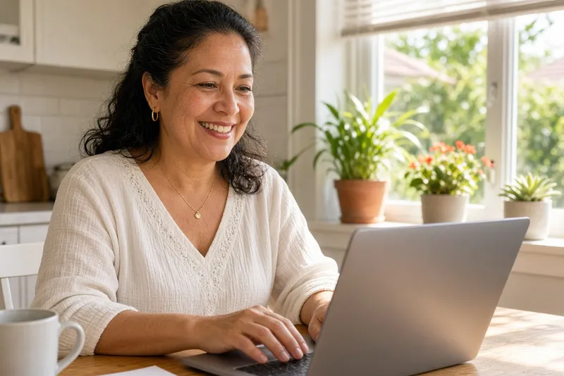 Smiling homeowner filling out a short form on a laptop at a sunny kitchen table