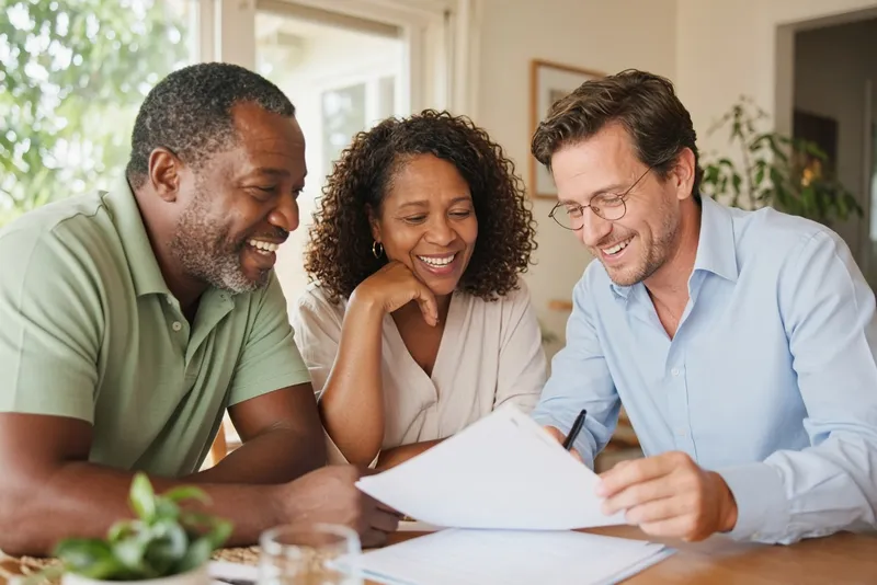 Smiling homeowners reviewing a cash offer with a friendly home buyer at their dining table